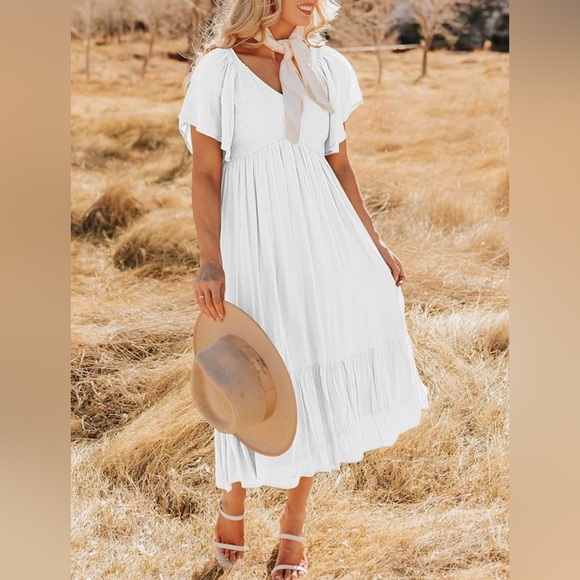 Lillusory Flowy White Smocked Midi Dress - Picture 5 of 11